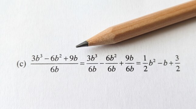 Close-up of sharpened wooden pencil pointing at printed algebra equation with polynomial fractions on white paper with copy space. Concept of mathematics education and problem solving