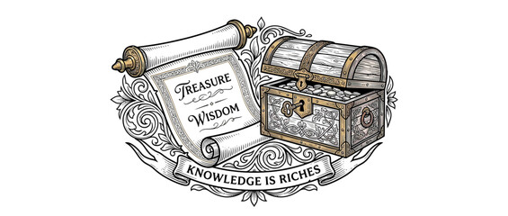 Treasure Chest Filled with Coins and Scroll of Wisdom © tonggo