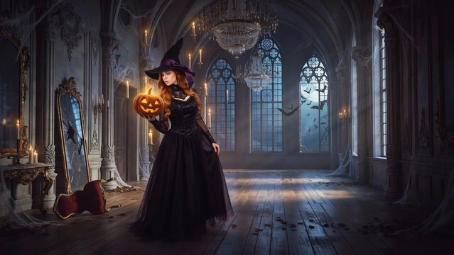 Woman in witch costume holding carved pumpkin in ornate gothic hall with bats flying outside windows