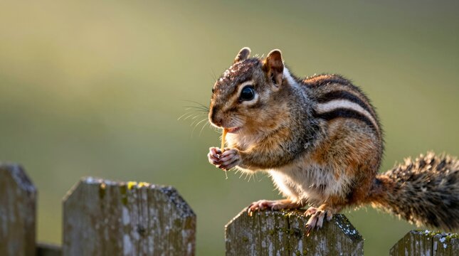A charming chipmunk perched on a wooden fence, munching on a nut. The warm natural light highlights its striped fur, creating a serene woodland moment.