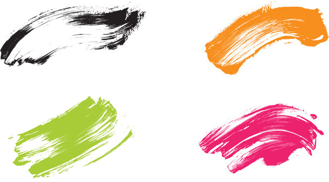 Vibrant paint strokes in black, orange, green, and pink on a clean white background, brush