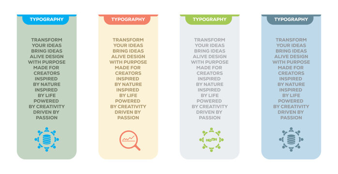 Four vertical banners featuring icons and text in pastel colors with rounded corners and tabbed tops
