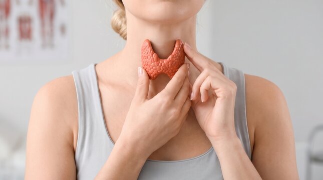 Cropped view of blonde caucasian woman in gray tank top holding anatomical thyroid gland model at her neck against blurred doctor's office with anatomy poster. Concept of thyroid health