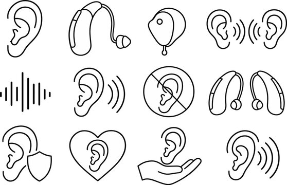 Ear symbols exhibit sharp black contours and minimalist auditory elements representing hearing health and care.
