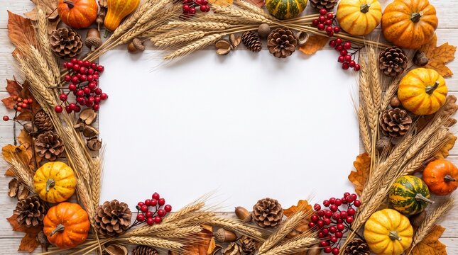 Autumn Harvest Frame With Pumpkins, Wheat, Pinecones and Red Berries for Fall Decor and Greeting Cards