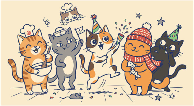 Cats celebrating with party hats and festive items in a colorful hand drawn cartoon style illustration.