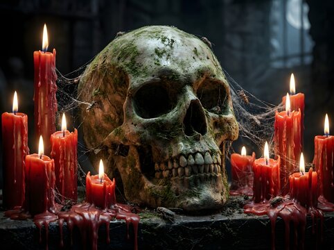 Skull surrounded by burning red candles in dark setting