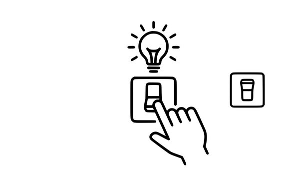 Hand turning light switch on with illuminated bulb editable line art vector