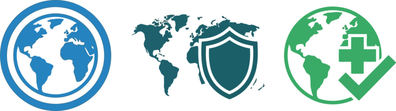 A minimalist set of professional vector icons featuring a blue globe, a world map combined with a protective shield, and a green earth medical symbol.