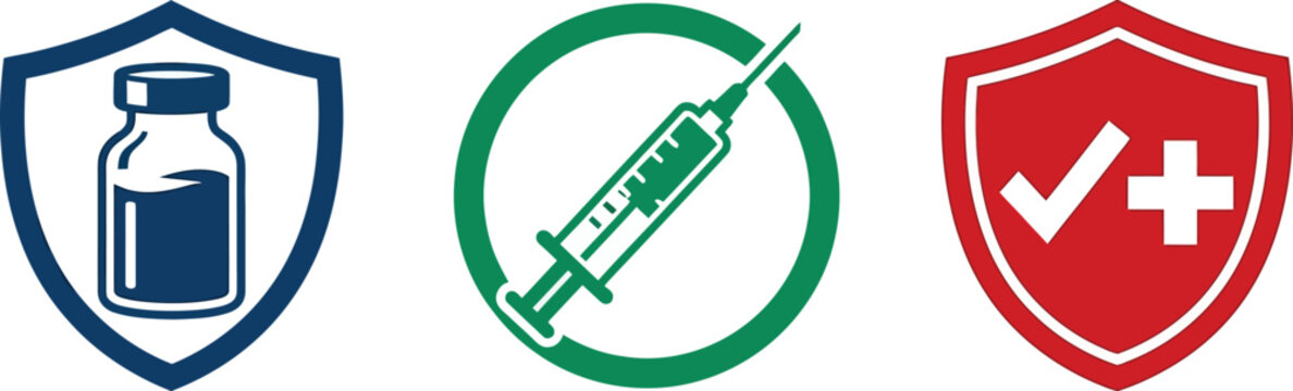 A minimalist graphic design featuring three distinct medical icons including a vaccine vial inside a protective shield, a medical syringe, and a red shield symbol.