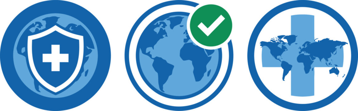 A set of three circular vector icons featuring global healthcare symbols including a shield with a cross, a globe with checkmark, and a world map