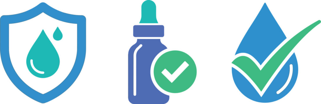 A set of three flat vector icons featuring a blue shield with a water drop, a medicine dropper bottle with a checkmark, and a water drop.