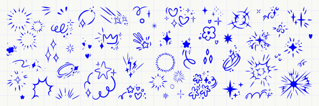 Anime shining star, sparkle and explosion asset pack. Markers drawing manga elements, speech bubble, stars and light flash. Vector doodle icon.