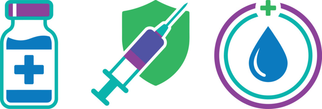 A set of three modern medical icons featuring a vaccine glass vial, a syringe positioned in front of a protective shield, and a circular drop