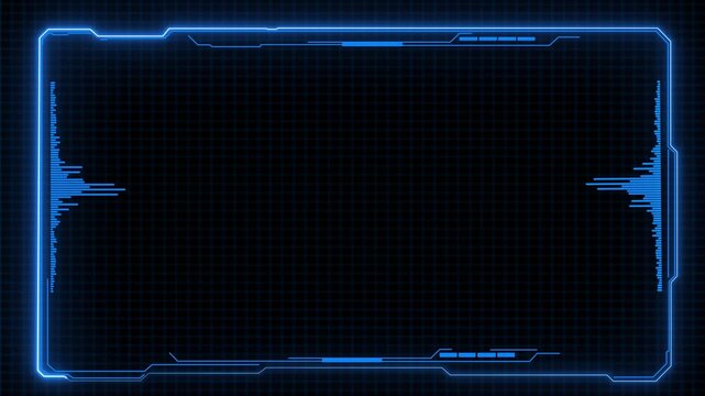 Futuristic blue neon HUD frame with glowing digital border and grid background, sci-fi technology interface, cyber screen overlay, gaming display, streaming layout, in 4k motion graphics animation.
