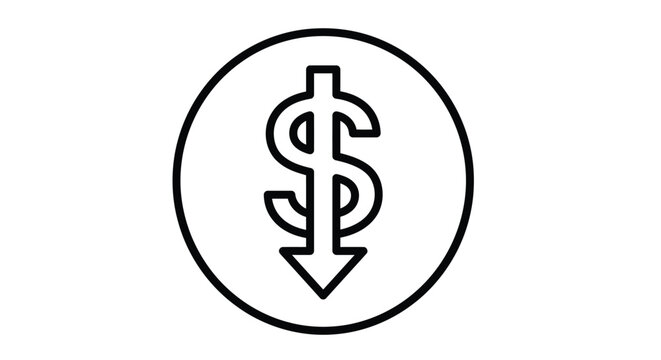 Dollar sign with downward arrow icon black line art on white background