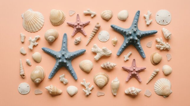 Flat lay composition with various sea shells starfishes and corals arranged neatly on pastel peach background vacation and tropical beach themed