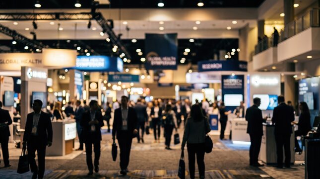 Defocused crowd of business people walking through medical conference exhibition hall with booths and banners. Healthcare symposium, networking and trade show concept