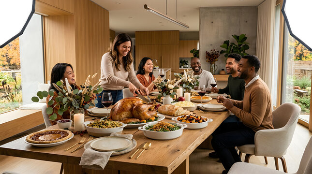 Family sharing Thanksgiving dinner at a long wooden table.