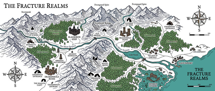 Fantasy Map of a Fictional Realm with Mountains, Rivers, and Forests
