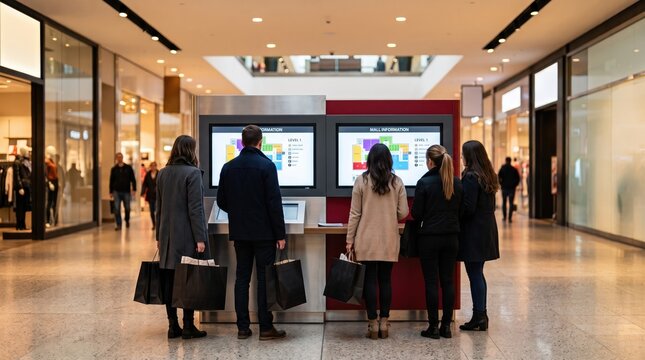 Group of young people looking at a digital interactive mall directory map to find stores while carrying shopping bags during a busy Black Friday sale event.
