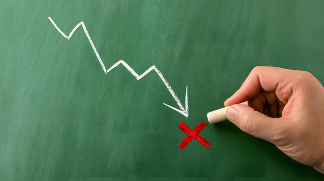 Hand draw downward zig zag arrow graph on green board to show economic decline and negative business trend for financial loss concept with failure marker cross symbol illustration isolated stock desig