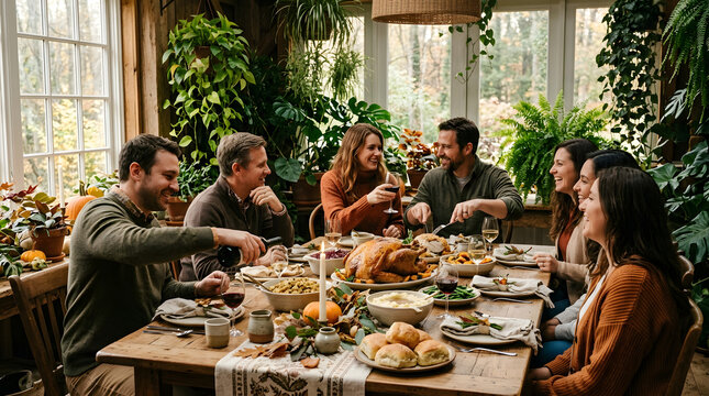 Family sharing Thanksgiving dinner at a long wooden table.