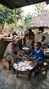 Kenyan family preparing chapati together in a home kitchen on a front