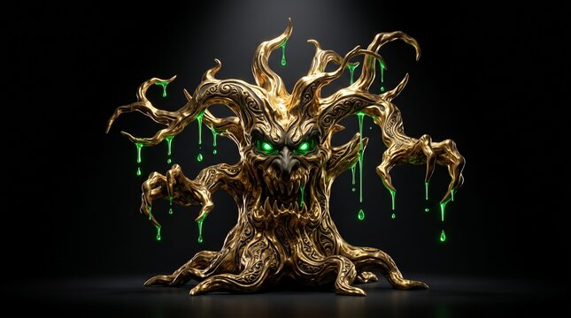 Minimalist Gnarled Gold Monster Tree with Carved Filigree and Emerald Sap 3D Render