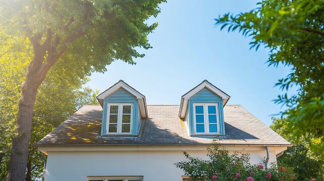 Charming house exterior with blue dormer windows surrounded by green trees under a sunny sky
