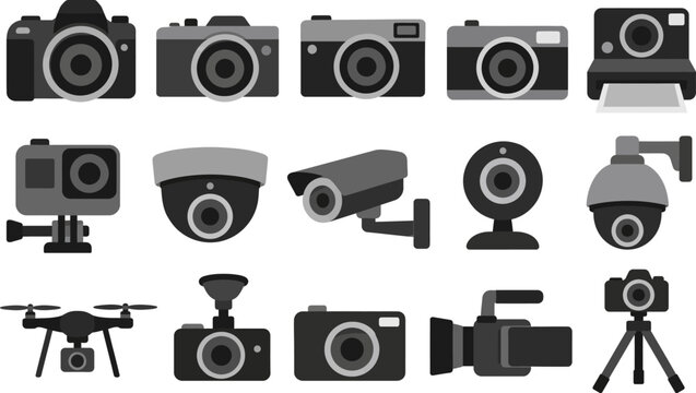 Surveillance and photography cameras vector set features modern recording devices.