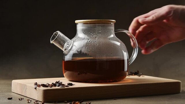 Hand sets glass teapot of cascara infusion with wooden lid on board beside coffee cherry husks.