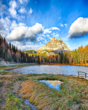 Remarkable view of popular travel destination mountain lake Antorno in autumn