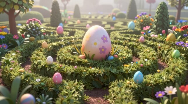 A vibrant Easter egg, featuring flowers, is nestled in a lush garden maze. Surrounding it are colorful eggs and flowers, evoking spring's joy