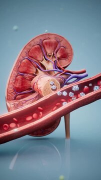 Conceptual 3D animation of a kidney releasing EPO into a blood vessel
