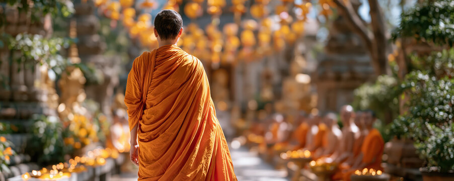 Buddhist monk in orange robe walking through temple garden during autumn meditation, creating peaceful spiritual atmosphere with warm natural light