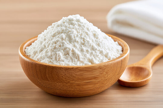 White flour in wooden bowl beside spoon on kitchen table, creating clean ingredient scene for baking and cooking