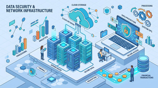 3D isometric cybersecurity illustration of a laptop on a circuit board platform with a security breach warning, encrypted padlock, smartphone, CCTV camera, digital shields, and binary background