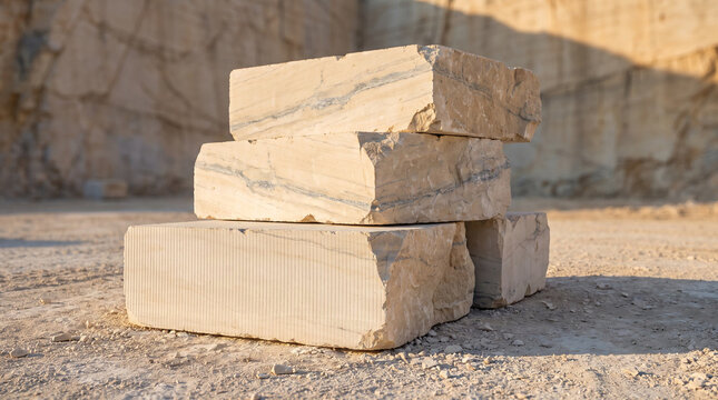 Rough cut limestone blocks stacked at a quarry site with rocky cliff wall and warm golden light in background