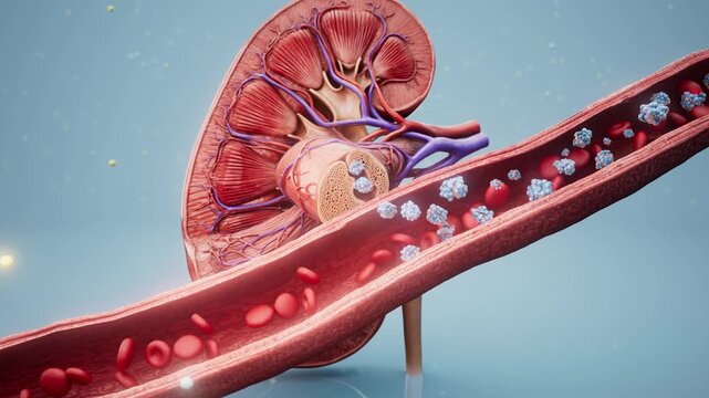 Conceptual 3D animation of a kidney releasing EPO into a blood vessel