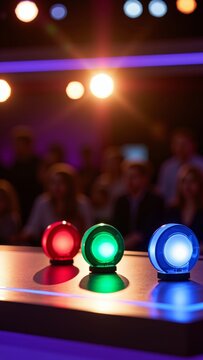 Three colorful buzzers lighting up, creating excitement and anticipation for a quiz show or television competition