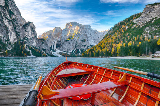 Breathtaking scenery of famous alpine lake Braies at autumn