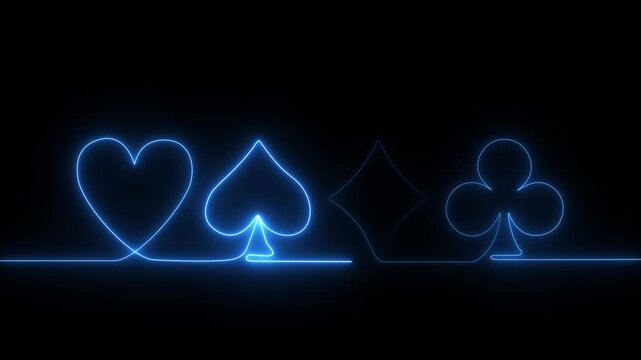 Four playing neon card suits continuous line neon drawing animation, self drawing poker symbols featuring spade, heart, diamond and club shapes, motion graphics of neon four playing card,4k video.