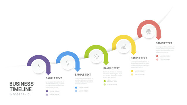 Business Infographic Timeline Template with 5 Step process, label and arrow circle design presentation Vector Illustration.