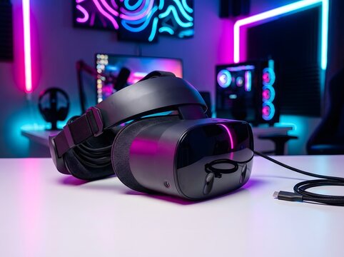 Black virtual reality headset on desk with gaming setup