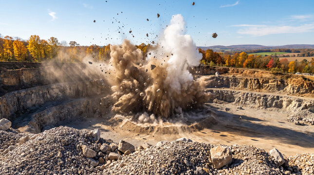 Explosive blasting at open pit quarry sends dust and rock debris into the sky with autumn trees in background