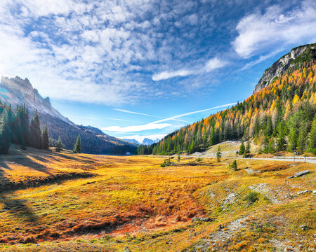 Remarkable view of meadow in National Park Tre Cime di Lavaredo