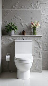 Modern bathroom interior featuring a white toilet, textured grey wall, and decorative plants