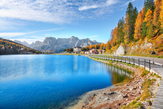Amazing  sunny view of famous Misurina lake during autumn period