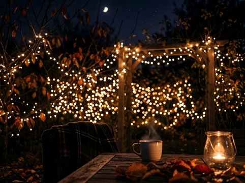 Cozy outdoor dining setup with string lights and lantern at night